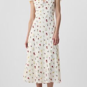 Ivory Floral Midi Dress with Red & Yellow Blooms